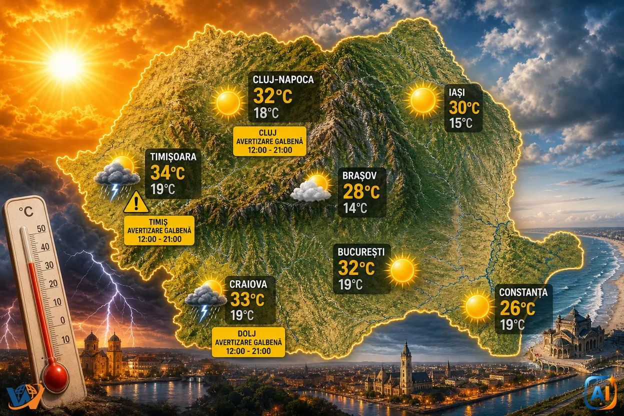 AI Pulse Meteo: Caniculă și furtuni izolate mâine