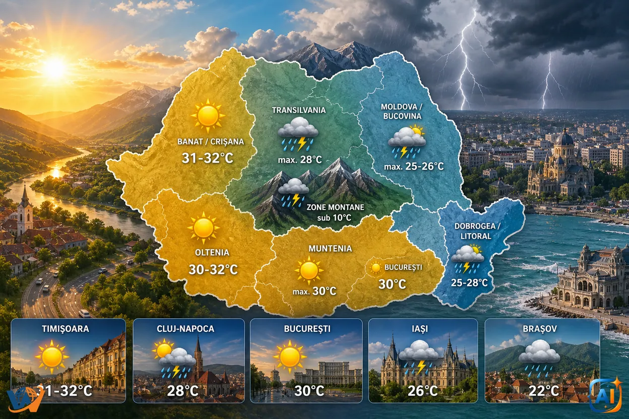 AI Pulse Meteo: Soare, 32°C în vest, furtuni locale