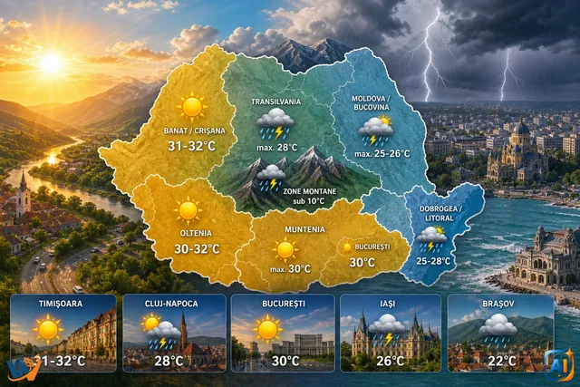 AI Pulse Meteo: Soare, 32°C în vest, furtuni locale