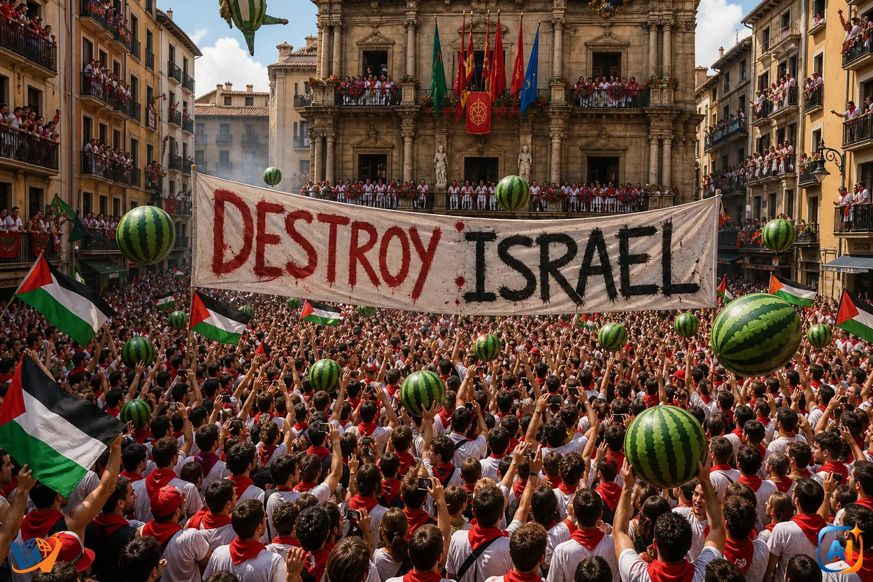 Banner „Destroy Israel” afișat la deschiderea festivalului San Fermín din Spania