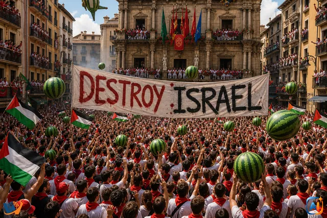 Banner „Destroy Israel” afișat la deschiderea festivalului San Fermín din Spania