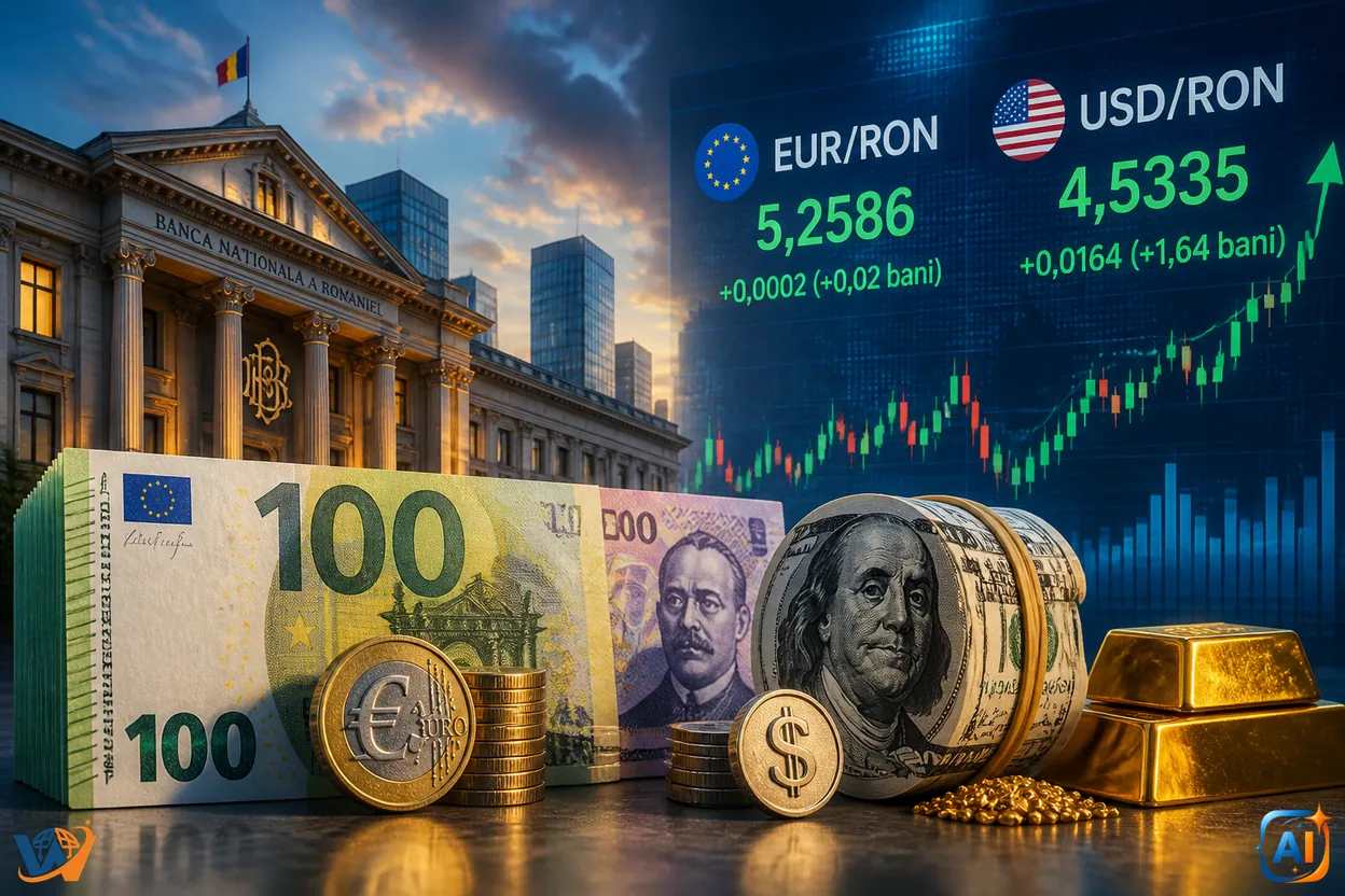 Euro rămâne la 5,2586 lei. Dolarul urcă