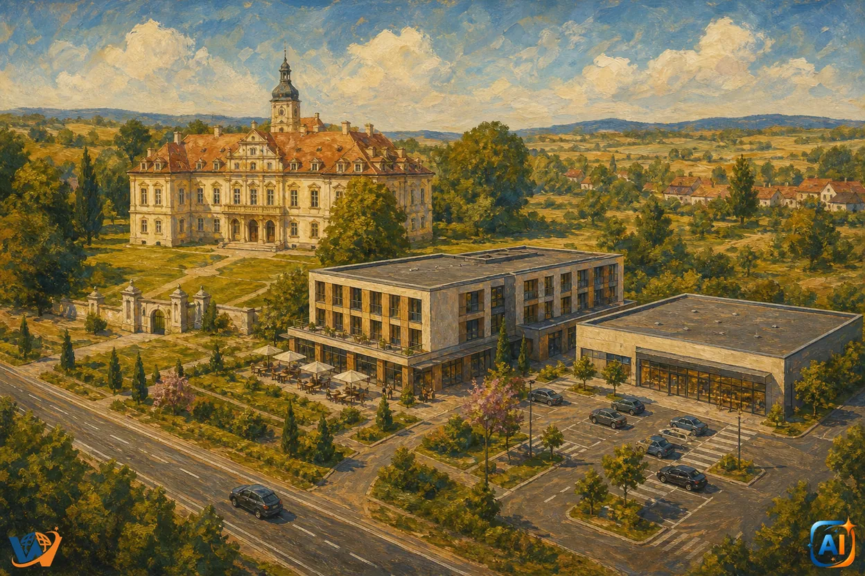 Hotel și supermarket, lângă Castelul Bánffy din Răscruci