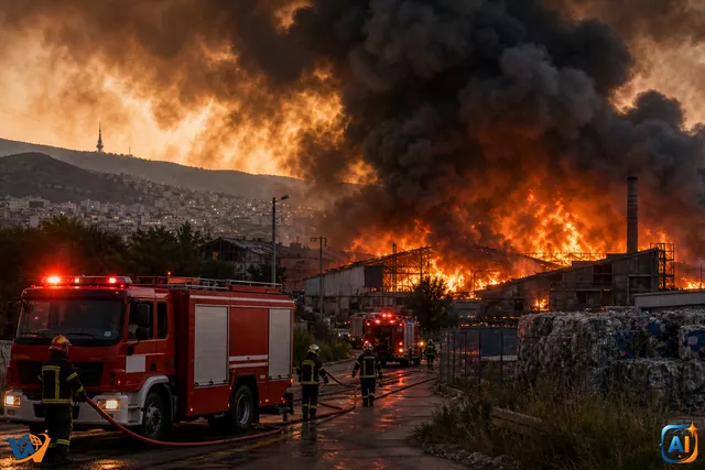 Incendiu puternic lângă Salonic: fabrici cuprinse de flăcări