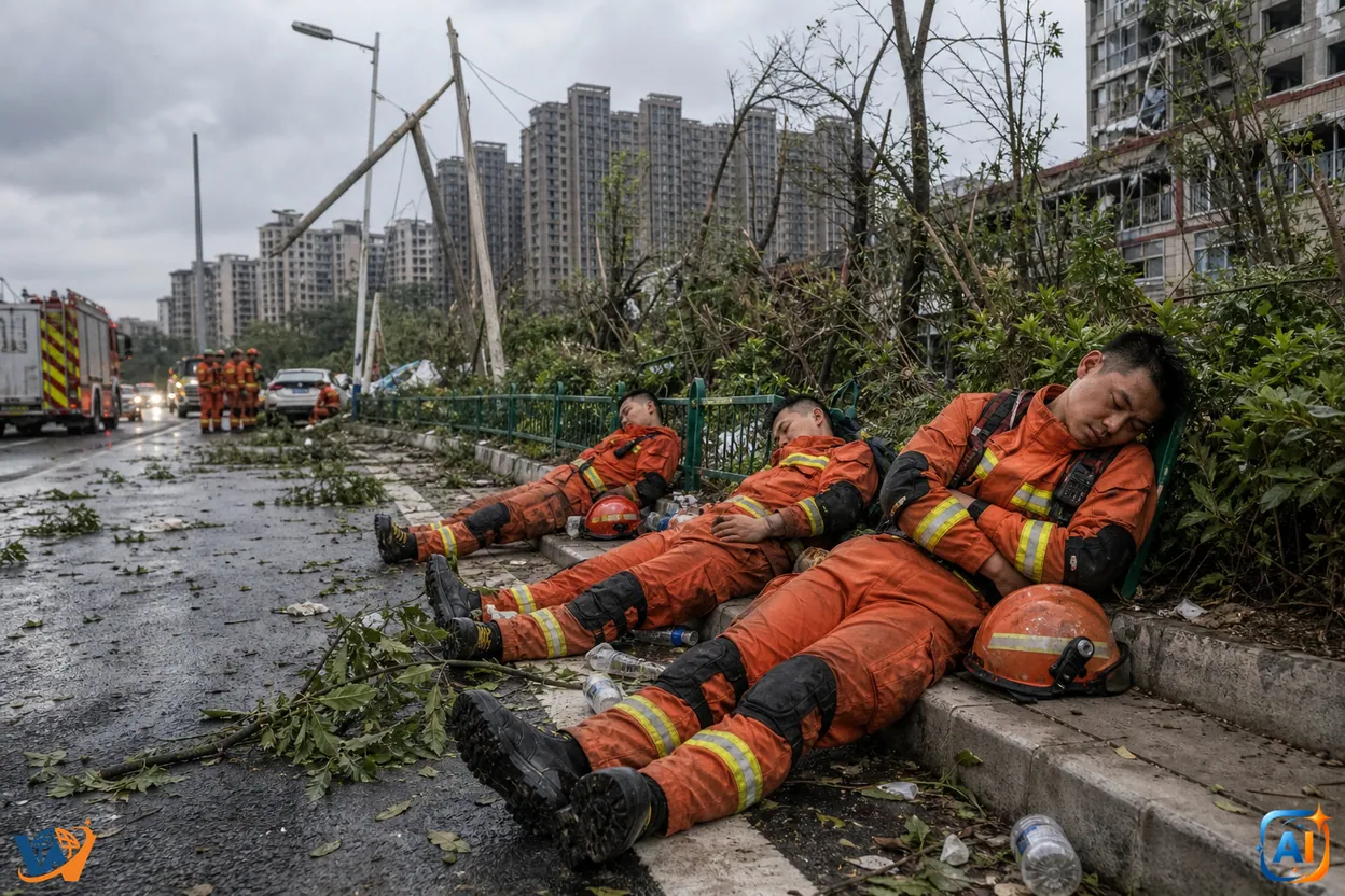 Pompieri epuizați, dormind pe stradă după tornada din China