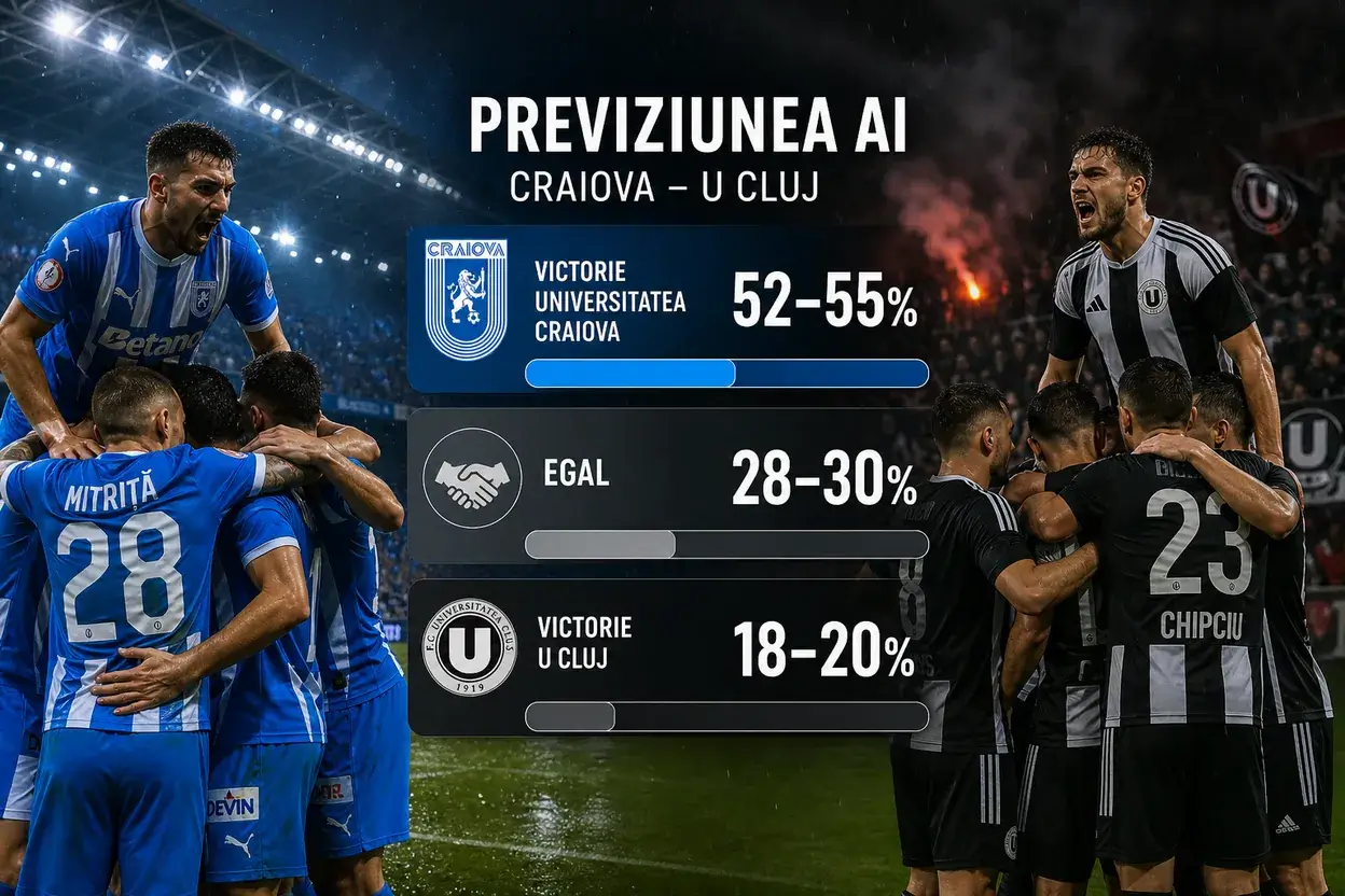 Previziunea AI pentru Craiova – U Cluj: finala se joacă la un gol