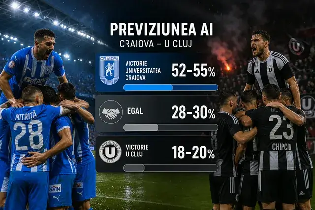 Previziunea AI pentru Craiova – U Cluj: finala se joacă la un gol