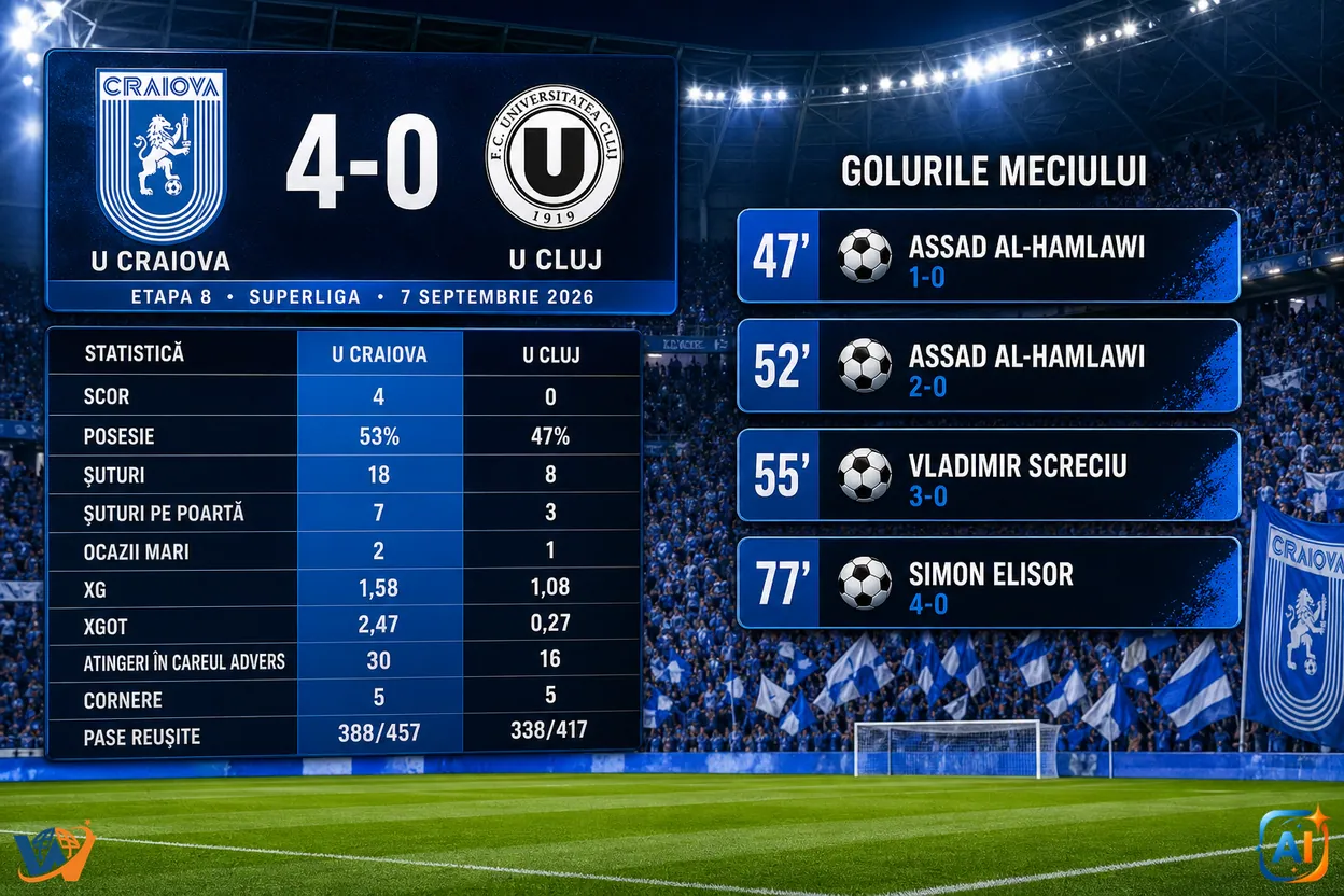 U Craiova – U Cluj 4-0. Oltenii au făcut spectacol după pauză