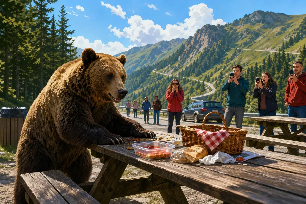 Urs „la picnic” pe Transfăgărășan