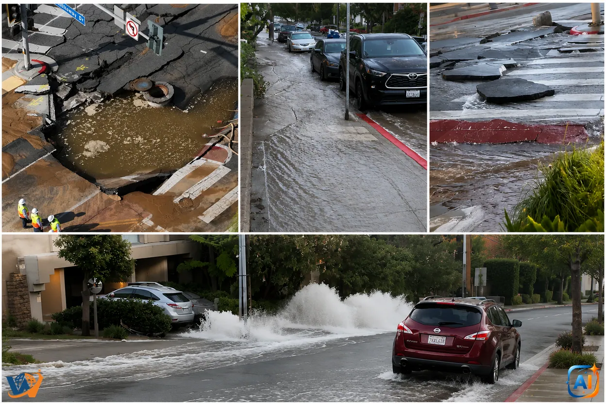 Conductă veche de peste 100 de ani a cedat în West Hollywood. Străzi inundate și un crater uriaș pe Sunset Boulevard