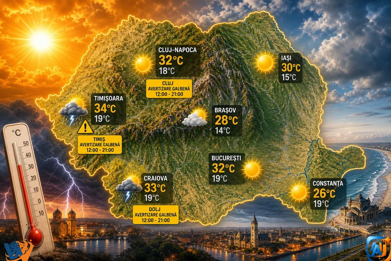 AI Pulse Meteo: Caniculă și furtuni izolate mâine