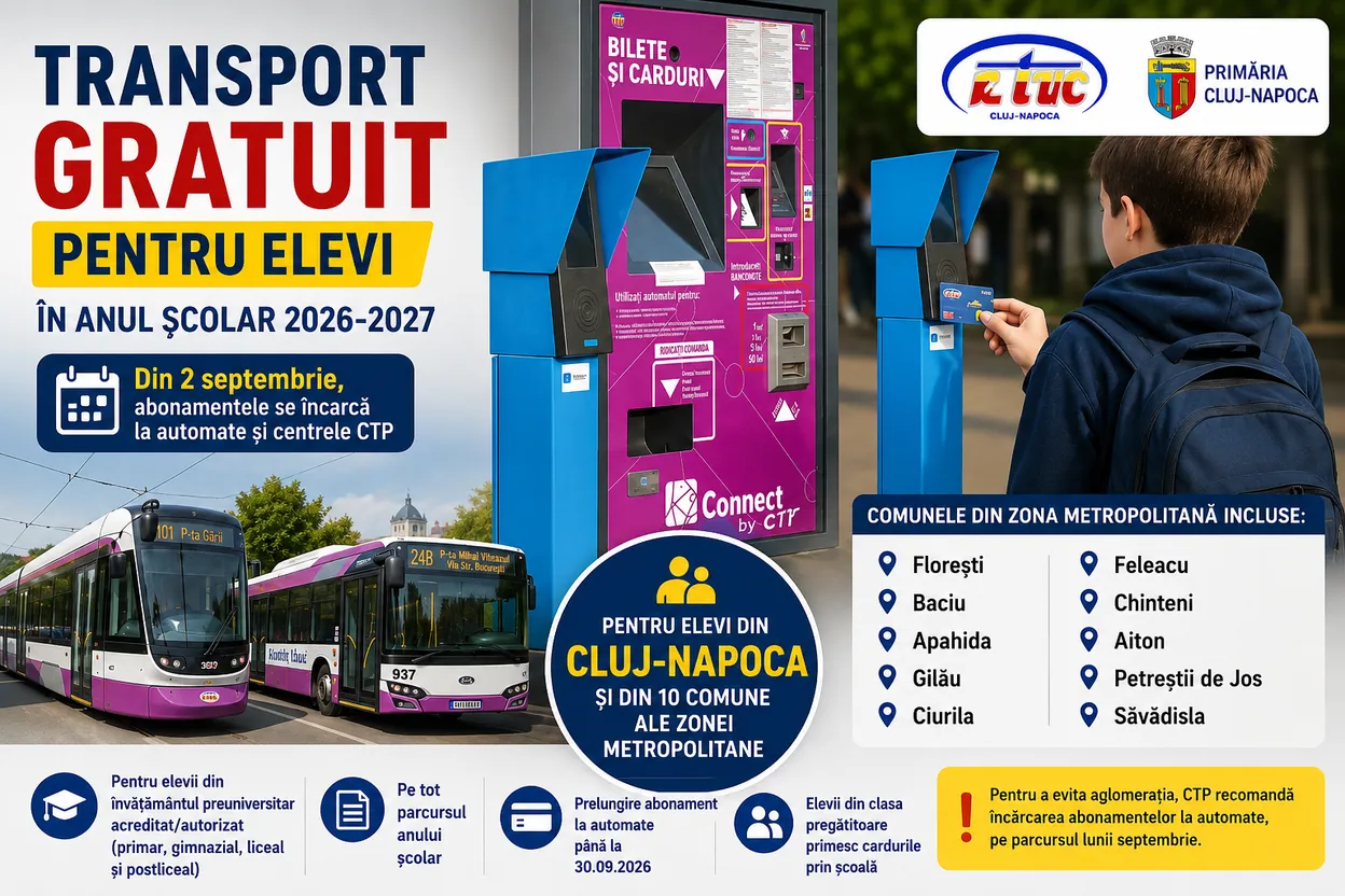Peste 40.000 de elevi din Cluj au transport public gratuit. Cum se încarcă abonamentele