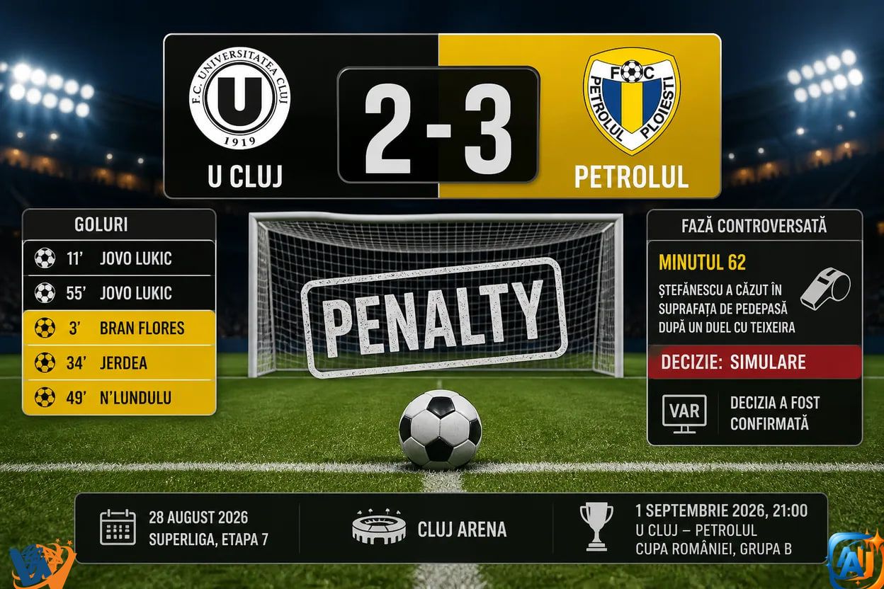 U Cluj–Petrolul 2-3: cinci goluri și un penalty controversat