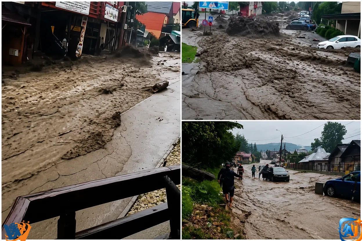 Viitură puternică la Bușteni. Străzile s-au transformat în râuri, iar traficul pe DN1 este îngreunat