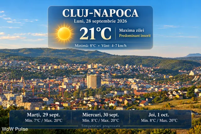 WoW Pulse Meteo: Vremea la Cluj-Napoca, 28 septembrie - soare și 21°C